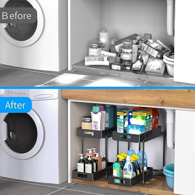 2 Pack Under Sink Organizer with Pull-Out Drawer, 2-Tier Cabinet Storage for Kitchen & Bathroom, Fits Cleaning Supplies & Toiletries, Space Saving for Small Cabinets, Double-layer Sliding Black