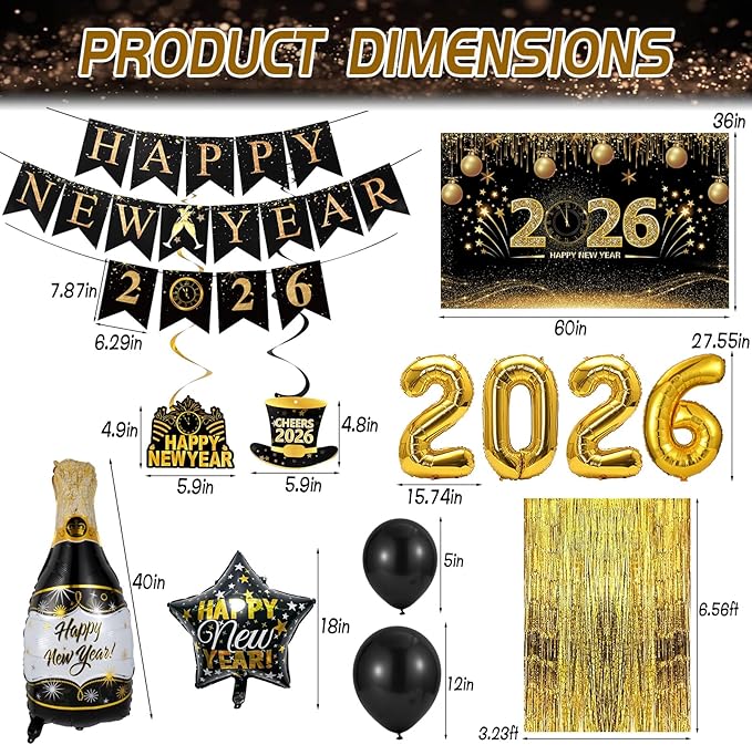 New Years Eve Party Supplies 2026, New Years Decorations Backdrop Banner 2026 Balloons Fringe Curtains Foil Balloons Swirls for NYE Party Backdrop Decor