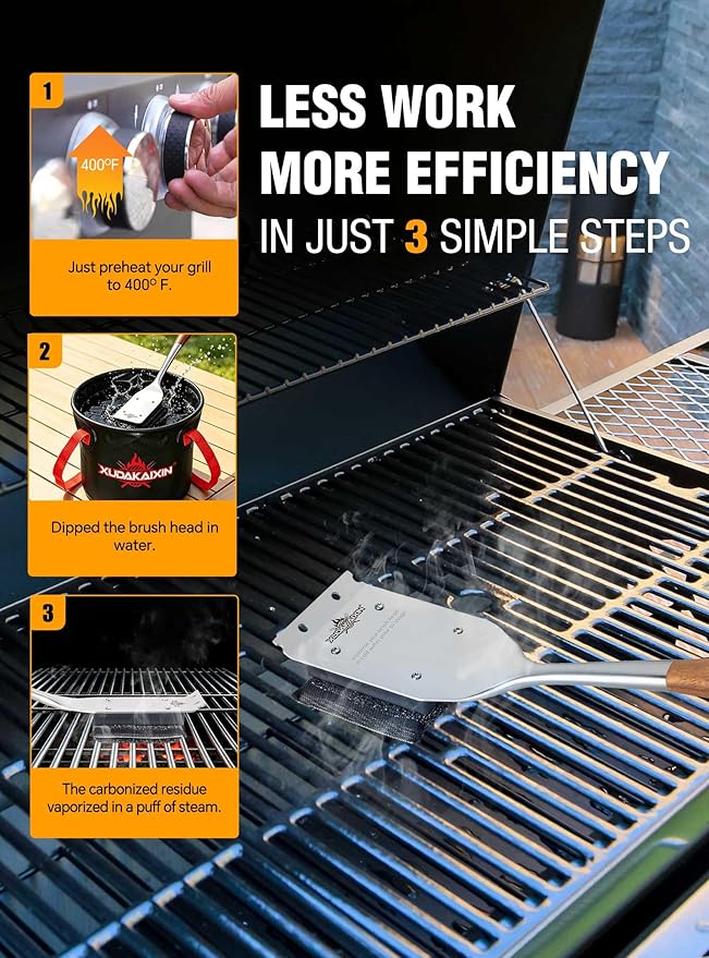 XUDKAKAIXIN Grill Brush Bristle Free,No Bristle Shedding,with 2 Replacement Head,Unique Steel Fibers Pad Perfect for Cast Iron/Stainless-Steel Grates-,Grill Cleaner for Outdoor Gril