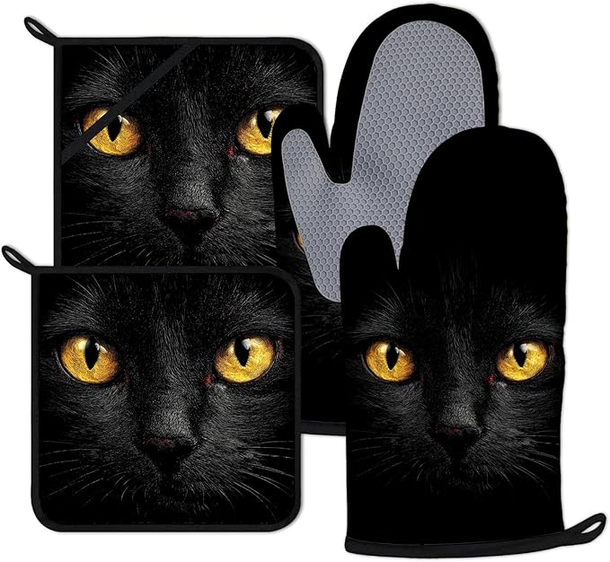 Black Cat Eyes Oven Mitts and Pot Holders Sets 4Pcs Animal Face Silicone Kitchen Gloves Heat Resistant Potholders for Baking Cooking Grilling BBQ