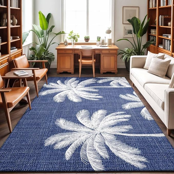 Area Rug 4x6ft, Coastal Palm Trees on Blue Washable Rugs for Living Room Bedroom, Minimalist Tropical Leaves Soft Non-Slip Area Rugs Rectangle Floor Carpet for Dining Room