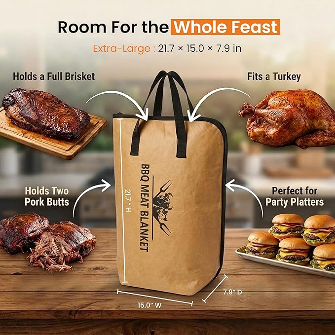 21” Upgraded BBQ Blanket for Resting Meat, Insulated Meat Resting Bag with Wide Mouth, Ideal for Brisket, Pork Shoulder & Turkey, Smoker Accessories, BBQ Gifts for Men, Dad & Husband