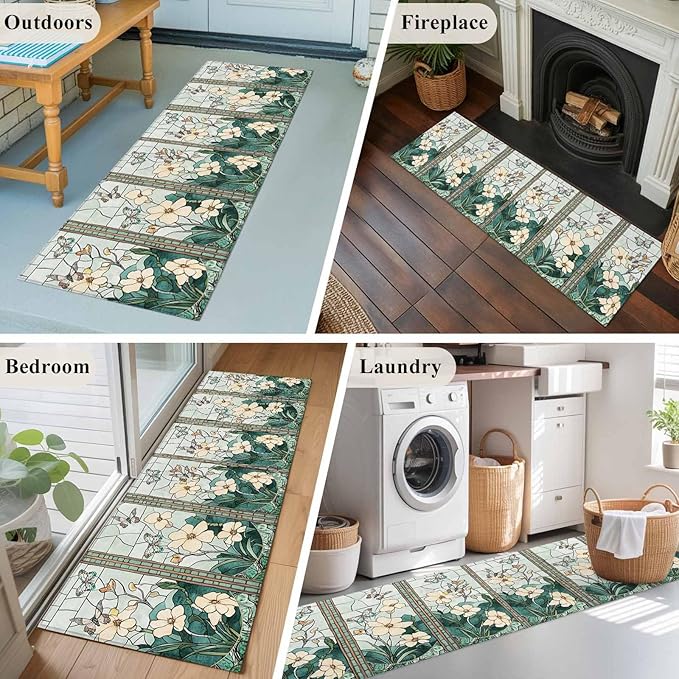 Runner Rug for Bedroom Hallway, Spring Flower Colorful Butterfly Kitchen Runner Rugs Area Rug 2x6ft, Vintage Green Plant Washable Soft Floor Carpet for Entryway Stair