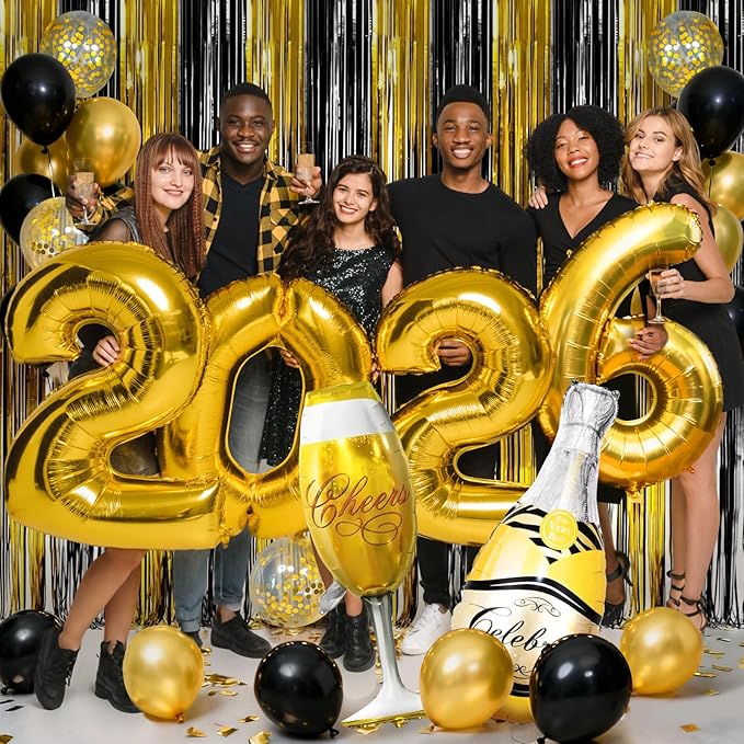 2026 Happy New Years Party Decorations, Gold Black Foil Fringe Curtains Number 2026 Party Balloons for New Year Photo Props, 2026 New Year's Eve Party Supplies，Graduation School Decor