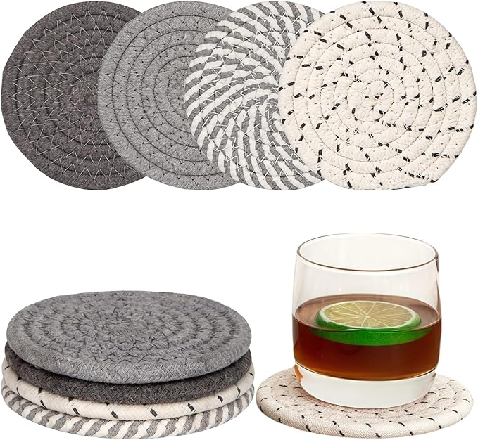 Coasters Set of 4, Absorbent Coaster for Drinks, Coffee, Cute Coasters in 4 Colors, Cotton Woven Coaster for Home Decor, Tabletop Protection, 4.3 Inches Suitable for Most Cups(Set1 (4pcs)/4.3in)