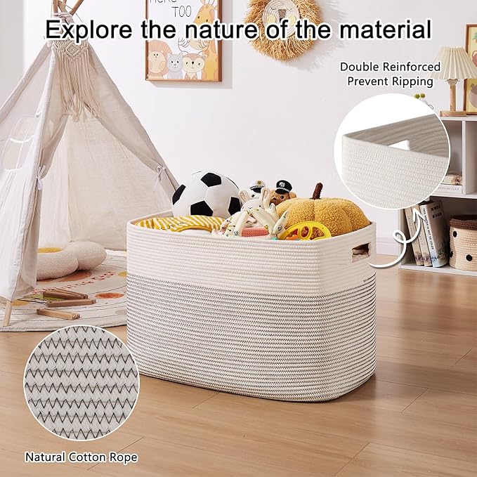 OIAHOMY 108L Extra Large Blanket Basket, 25”x16”x16” Laundry Basket, Blanket Storage for Living Room, Dog Toy Storage with Handle - Black & White