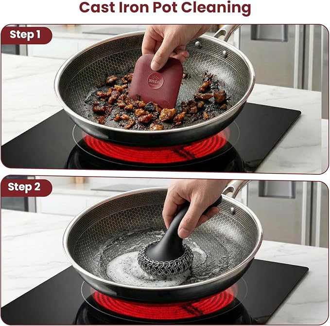 TMEDW Pan Scraper, 5 Pcs Pot Scraper, Pan Scraper Plastic, Multifunctional Scraper Tool for Kitchen, Non-Slip, Food Safe, High Heat Resistant-Red