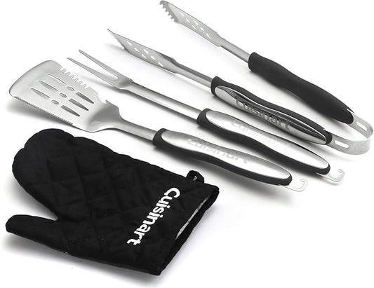 Cuisinart 3‑Piece Stainless Steel BBQ Grilling Tool Set with Grill Glove – Outdoor Grill Accessories, Perfect Grilling Gift for Men, Dads & Grill Masters, CGS-134BL
