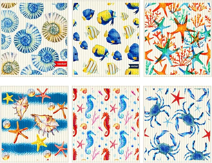 6 Pieces Ocean Swedish Kitchen Dish Towels Ocean Kitchen Cloths Reusable Sponge Cleaning Absorbent Dish Cloth No Odor Hand Towel Quick Drying Washable Cleaning Wipes