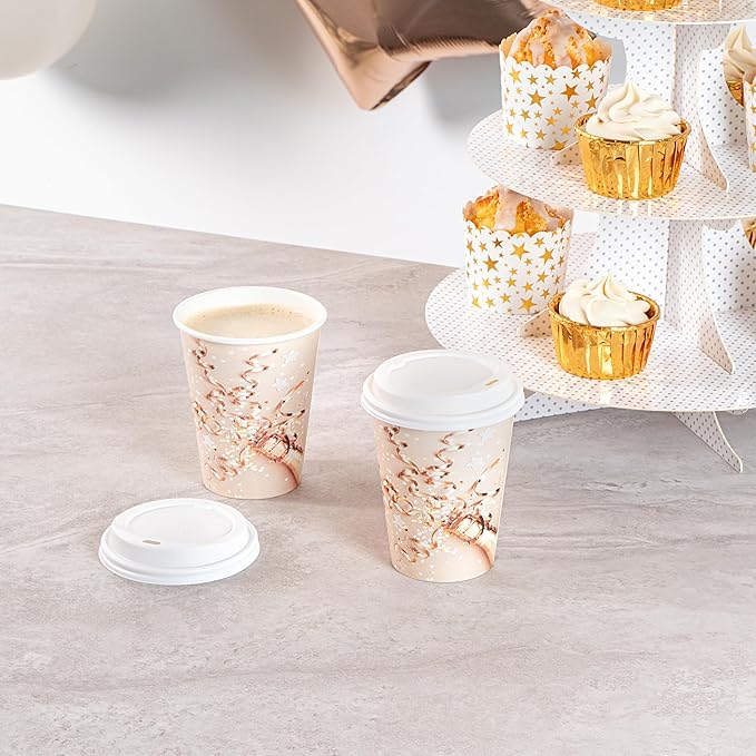 Restaurantware-Restpresso 12 Ounce New Year’s Eve Party Cups, 20 Hot Cups With Plastic Lids - Rolled Rim, Single Wall, Disposable Paper Coffee Cups, Sustainable, Serve Hot And Cold Drinks