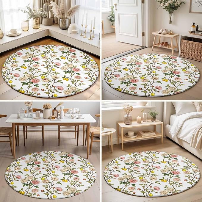 Washable Round Area Rug Country Blossom Flower Plant Circle Rugs Floor Carpet for Living Room Bedroom, Summer Lemon Leaf Seamless Soft Non Slip Round Rug 3ft