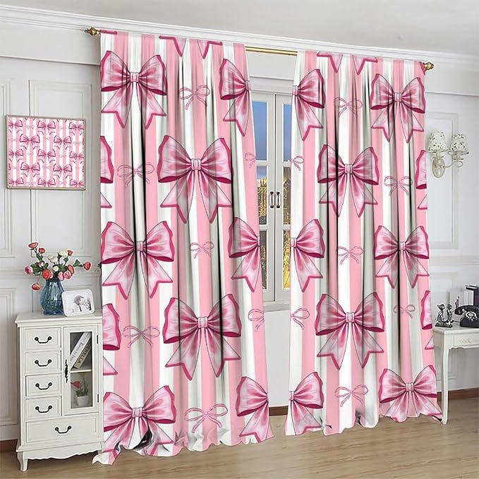 Pink Bowknot Blackout Curtain,Girls Kids Cute Bow Stripe Abstract Window Treatment Curtains Dining Room Living Room Kitchen Cafe Bedroom Office Nursery Drapes,52x84 in