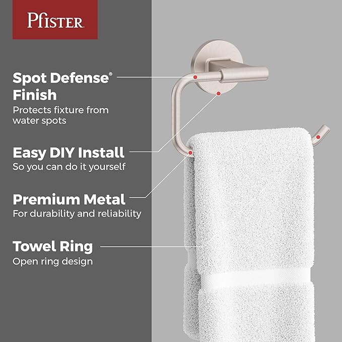 Pfister Capistrano Towel Ring, Hand Towel Holder for Bathroom, Wall-Mounted, Screw-in, Spot Defense Brushed Nickel Finish, BRBCSO0GS
