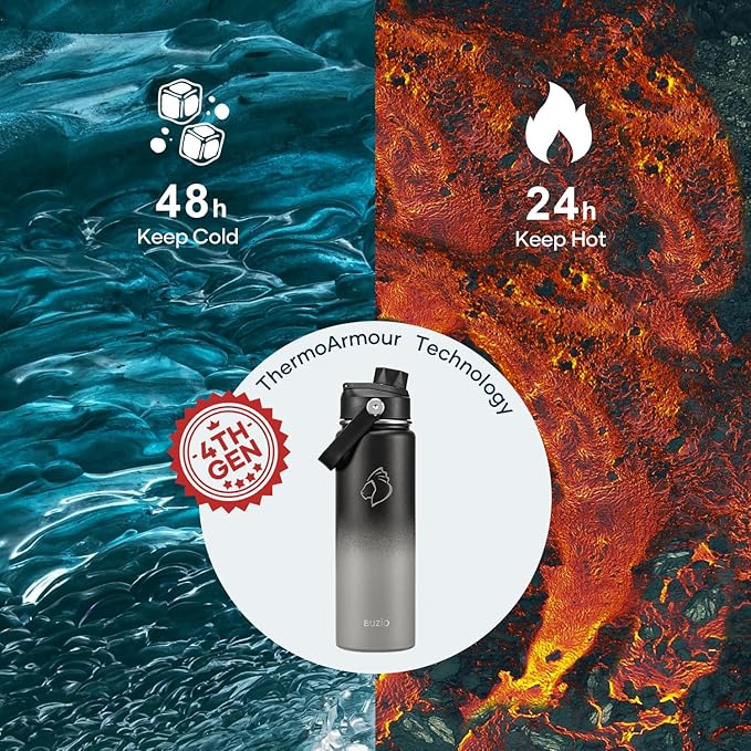 BUZIO 24 oz Water Bottle Insulated, Leakproof Stainless Steel Flask (Cold for 48 Hrs), Wide Mouth BPA-Free Metal Thermo Hydro Canteen with 2 Lids, Shadow
