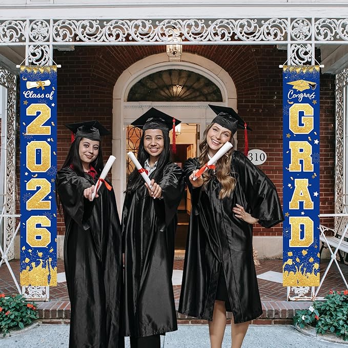 2026 Graduation Party Decorations - Blue Gold Class of 2026 Congrats Grad Porch Sign Banner Hanging Flag Graduation Party Supplies for School College Classroom Decor