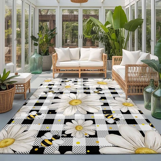 Area Rug 3x5ft, Farmhouse Blossom Flower Bee Washable Rugs for Living Room Bedroom, Spring Daisy Black White Plaid Soft Non-Slip Area Rugs Rectangle Floor Carpet for Dining Room