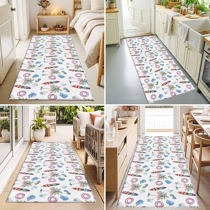 Runner Rug for Bedroom Hallway, Summer Surfboard Coconut Tree Kitchen Runner Rugs Area Rug 2x6ft, Tropical Seamless Pattern Washable Soft Floor Carpet for Entryway Stair