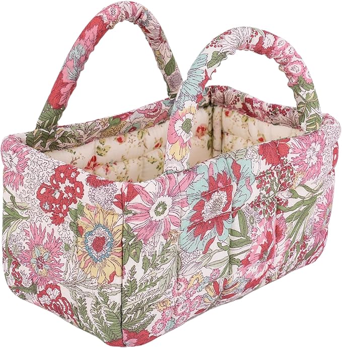 Quilted Fabric Storage Basket Floral Baby Diaper Caddy Quilted Basket for Nursery Bedroom Car Storage
