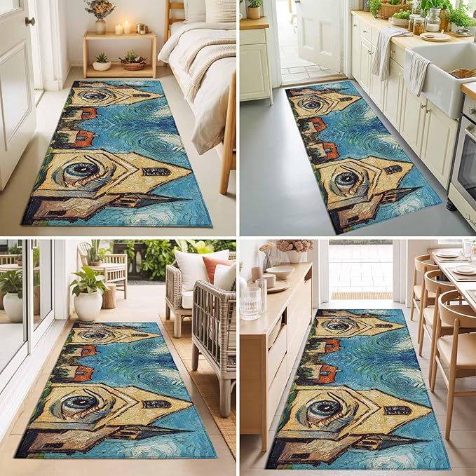 Runner Rug for Bedroom Hallway, Abstract Farmhouse Starry Night Eye Kitchen Runner Rugs Area Rug 2x6ft, Rustic Oil Painting Art Washable Soft Floor Carpet for Entryway Stair