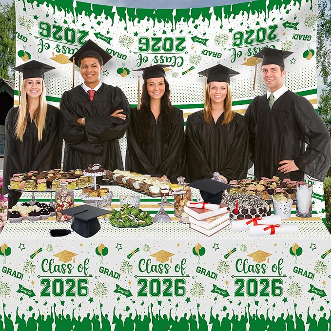 Graduation Decorations Class of 2026 Tablecloth - 3 Pcs Plastic Congrats Grad Table Cloth, Graduation Table Cover for Graduations Party Decorations 2026 and Party Supplies, 54"x108" (Green and Gold)