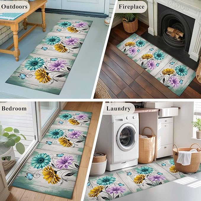 Runner Rug for Bedroom Hallway, Farm Flower Daisy Retro Wood Barn Kitchen Runner Rugs Area Rug 2x6ft, Blossom Flower Butterfly Washable Soft Floor Carpet for Entryway Stair