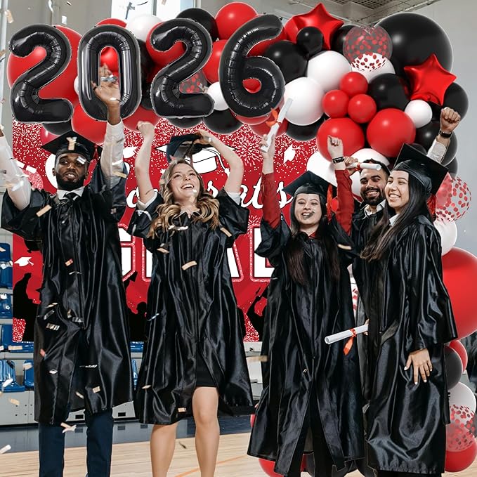 Graduation Decorations Class of 2026: Red and Black Graduation Balloons Arch Kit 2026 Party Decorartion with Congrats Grad Backdrop Party Supplies for High School & College Celebrations