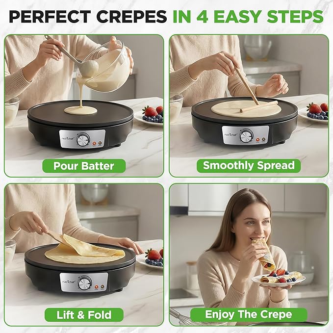 Nutrichef Electric Crepe Maker & Griddle Cooktop - Nonstick 12 Inch Aluminum Hot Plate with LED Indicator Lights & Adjustable Temperature Control - Wooden Spatula & Batter Spreader Included