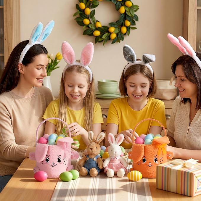 Mimorou 3 Pack Easter Basket Soft Plush Bunny Sherpa Personalized Bucket with Rabbit Ears Decorative Bow Large Bunny Tote Bags Ideal for Egg Hunt, Party Favors(Orange Pink and Yellow)