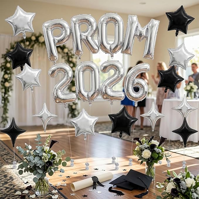 Prom 2026 Balloons Banner, 16 inch Silver letter Balloons Prom 2026 Sign Decoration with Silver Star Balloon for Class of 2026 Congrats Grad Party Birthday Retirement Graduation Party Supplies