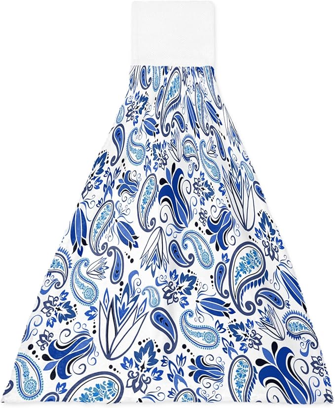 Alandar Home Kitchen Tie Towel Set of 1, Watercolor Paisley Bandanna Absorbent Soft Hand Towels for Bathroom Hanging Towels, Abstract Blue Flowers Fast Drying Cleaning Cloth with Loop