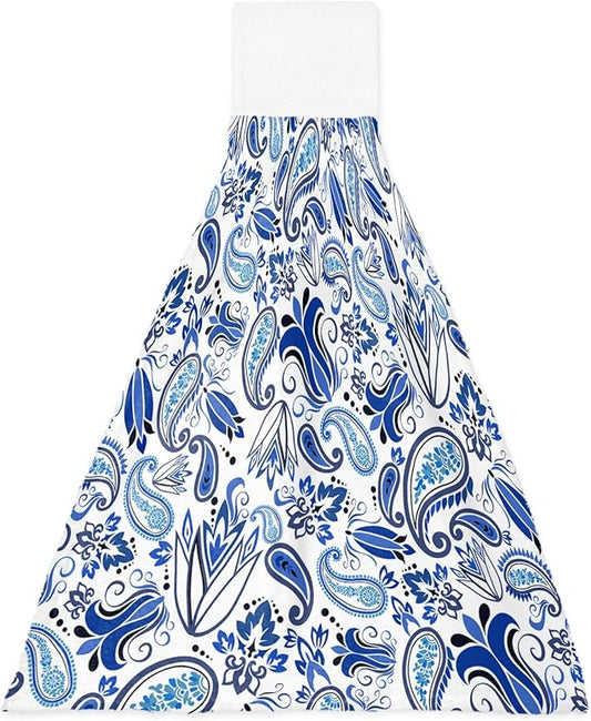 Alandar Home Kitchen Tie Towel Set of 1, Watercolor Paisley Bandanna Absorbent Soft Hand Towels for Bathroom Hanging Towels, Abstract Blue Flowers Fast Drying Cleaning Cloth with Loop
