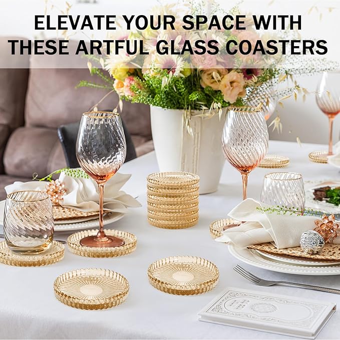 Vintage Glass Coasters, GOH DODD Set of 6 Crystal Coasters Tabletop Protection for Drinks, Home Decor, Kitchen, Living Room, Patio, Wedding, Party, Housewarming Gifts, Amber, Gold