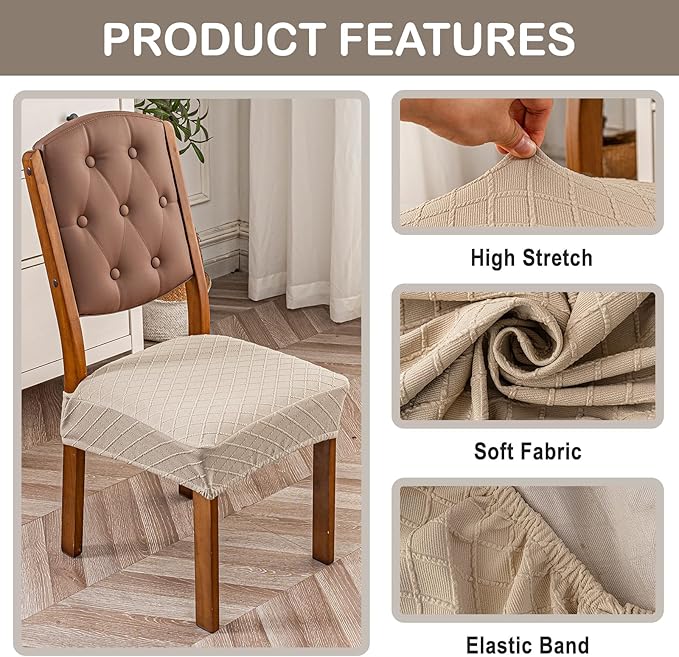 Genina Waterproof Seat Covers for Chairs,Set of 2 Dining Room Chair Seat Covers for Kitchen,Stretch Jacquard Removable Washable Dining Chair Slipcovers Protectors,No Rear Covers, Khaki
