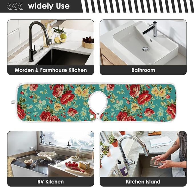 Kitchen Faucet Absorbent Mat,Rose Flower Floral Water Splash Guard for Sink, Faucet Drip Catcher Thicken Sponge Microfiber Faucet Water Catcher Mat Sink Absorbent Mat for Kitchen 30x5in 2 Pack