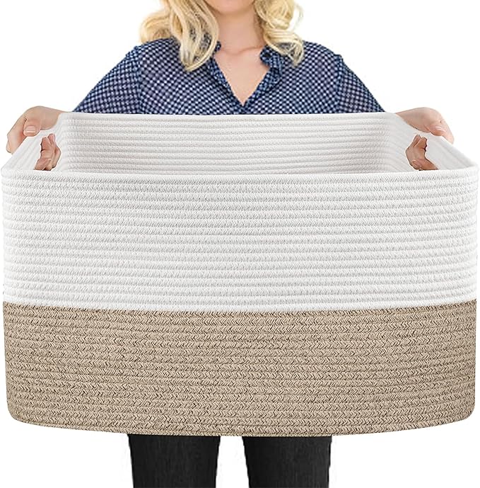 MEGASKET Extra Large Blanket Basket, 22" x 17" x 12" Rectangle Blanket Storage for Living Room, Soft Kids Dog Toy Basket Bin, Cotton Rope Baskets for Storage, Woven Throw Pillow Organizer Holder