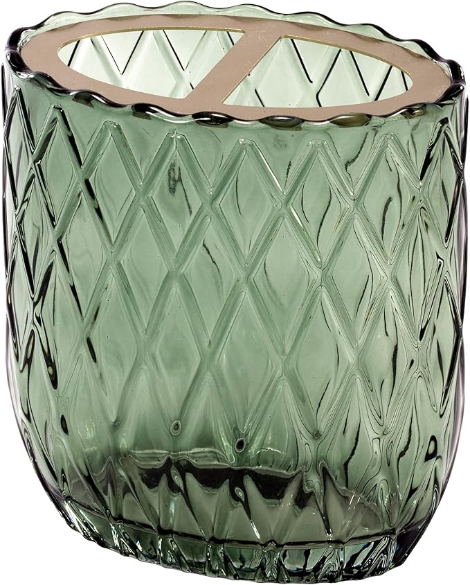 Nicole Miller – Bathroom Accessory Set, Embossed Glass with Diamond Trellis Design & Scalloped Edge, Decorative Lotion Pump, Soap Dish, Toothbrush Holder & Tumbler (Bijou Green)