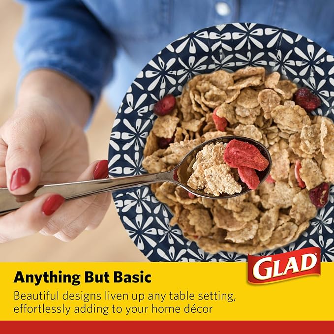 Glad Round Disposable Paper Bowls, Blue Mosaic Design - Heavy Duty, Soak-Proof, Cut-Resistant, Microwavable Paper Bowls for All Foods, Daily Use, and Special Occasions, 16 oz, 50 Count - 6 Pack