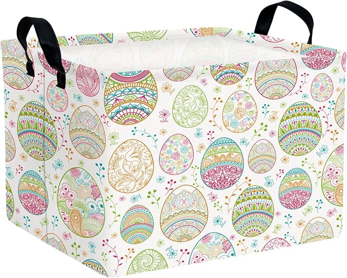 Kid Large Empty Easter Basket Gift Personalized Fabric Bunny Easter Basket for Boy and Girl Room Decor Storage Bin (Retro Easter Egg Flower)