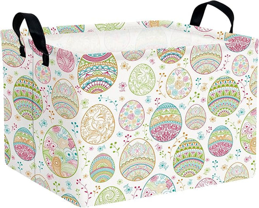 Kid Large Empty Easter Basket Gift Personalized Fabric Bunny Easter Basket for Boy and Girl Room Decor Storage Bin (Retro Easter Egg Flower)