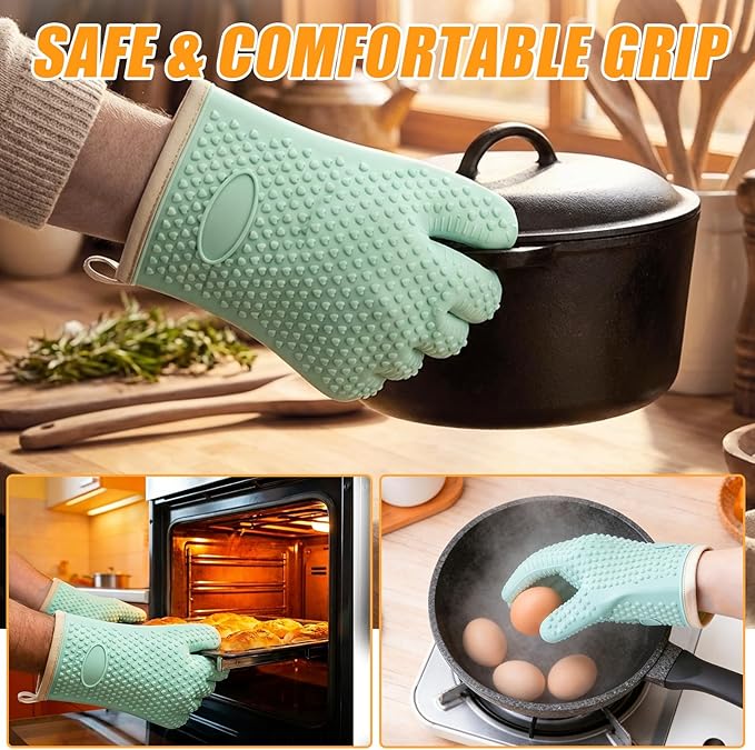 2Pack Heat Resistant Oven Mitts for Grilling and Baking, Non-Slip Silicone Gloves, Waterproof Kitchen Mitts with Flexible Fit & Easy to Clean Design, Gray