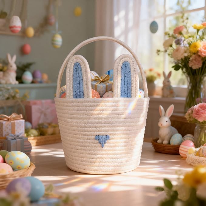 Poschnor Large Easter Basket with Gift Bags and Ribbons, Easter Bunny Basket for Kids, Woven Cotton Rope Basket for gifting, Blue/White