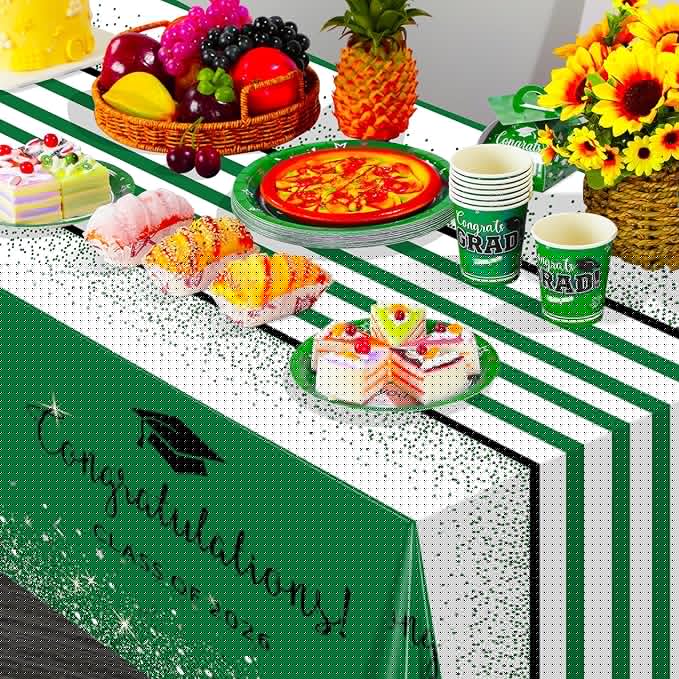 12 Pack Class of 2026 Graduation Tablecloths,Foil Dot Plastic Disposable Rectangle Table Covers for 2026 High School University College Graduation Party Decorations,108*54 Inch (Green and Black)