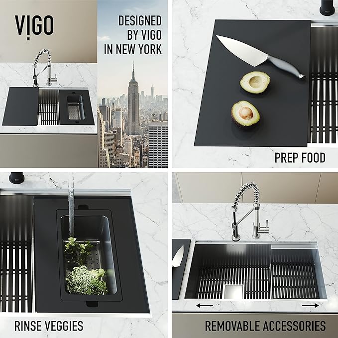 VIGO Hampton 32 in. 16 Gauge Stainless Steel Single Bowl Undermount Workstation Kitchen Sink with Ledge and Accessories VG3217K1