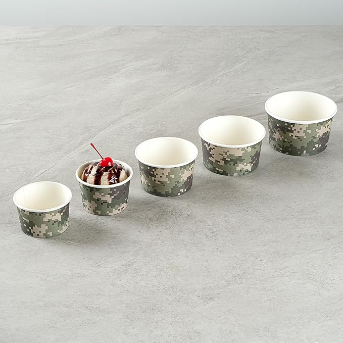 Restaurantware Coppetta 4-Ounce Dessert Cups, 50 Disposable Ice Cream Cups - Lids Sold Separately, Heavy-Duty, Camouflage Paper Frozen Yogurt Bowls, For Hot And Cold Foods