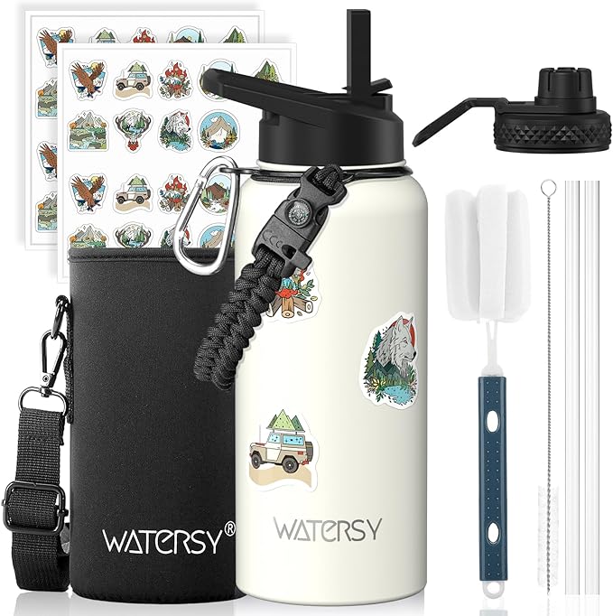 32oz Insulated Water Bottle (Cold for 48 Hrs),BPA Free&Leak Proof,Stainless Steel Water Flask,Water Jug with Straw Spout Lids for Gym,Hiking,Travel,White