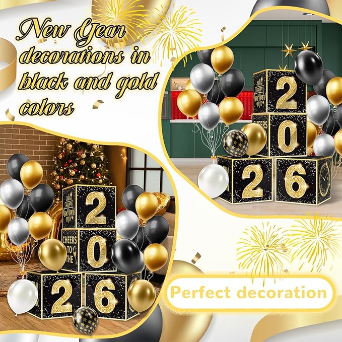 New Years Eve Party Supplies 2026 Balloon Box Kit Gold and Black New Years decorations for 2026 Happy Eve Party Decoration Supplies