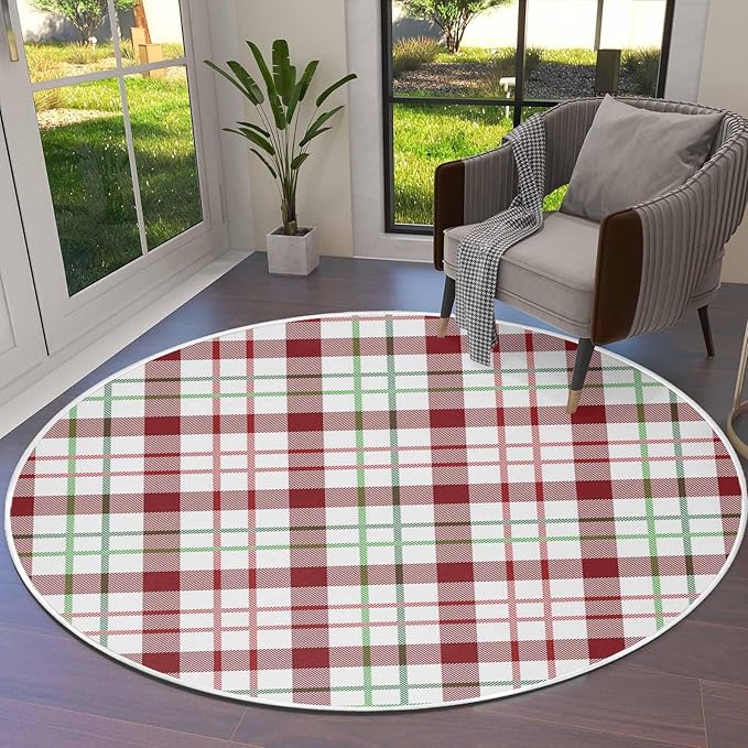 Round Area Rug,Merry Christmas Red Buffalo Plaid Circle Living Room Rug Non-Slip Rugs Indoor Carpet,Green Gradient Stripe Art Soft Comfort Rugs for Bedroom KidsRoom Nursery