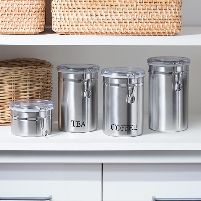 Oggi Stainless Steel Coffee Canister 62 fl oz - Airtight Clamp Lid, Clear See-Thru Top - Ideal for Coffee Bean Storage, Ground Coffee Storage, Kitchen Storage, Pantry Storage. Large Size 5" x 7.5".