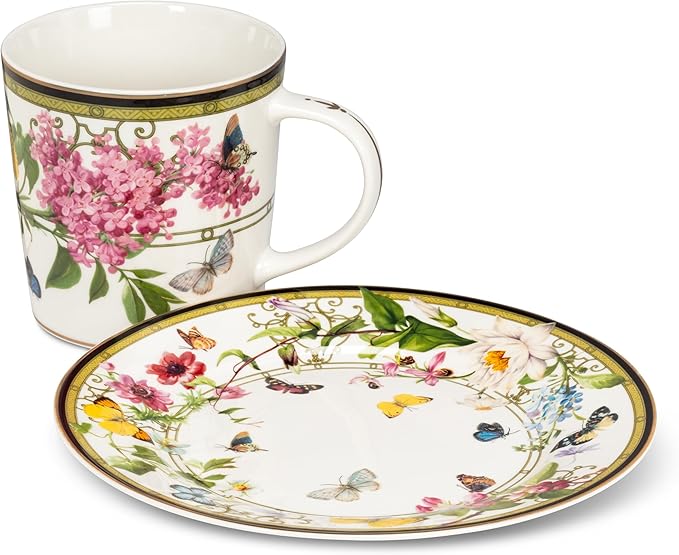 Abbott Collection Butterfly Garden Mug - Bone China, White/Green, 4"H (15oz)