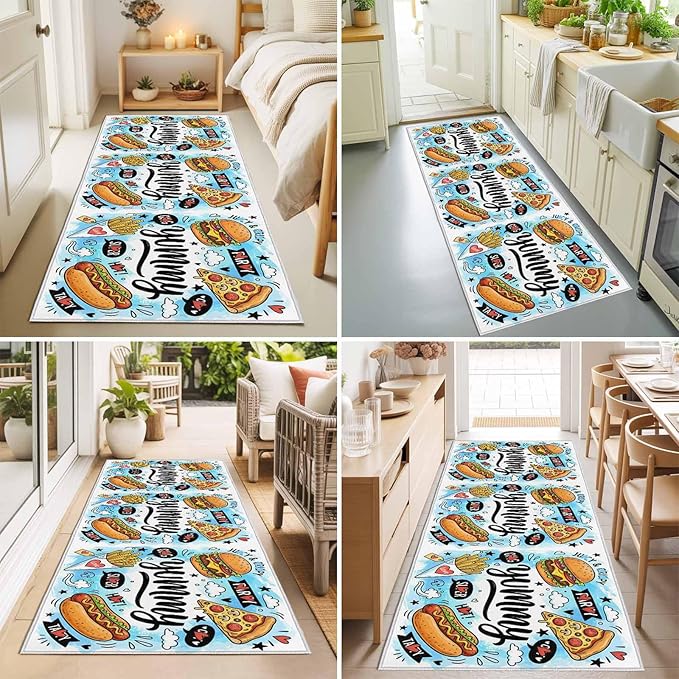 Runner Rug for Bedroom Hallway, Cartoon Food Abstract Graffiti Kitchen Runner Rugs Area Rug 2x6ft, Blue Sky with Clouds Washable Soft Floor Carpet for Entryway Stair